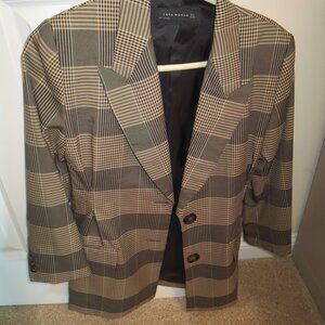 Zara Women Classic Tan Plaid Collared Blazer 2-Button, Lined, Long Sleeve Size S